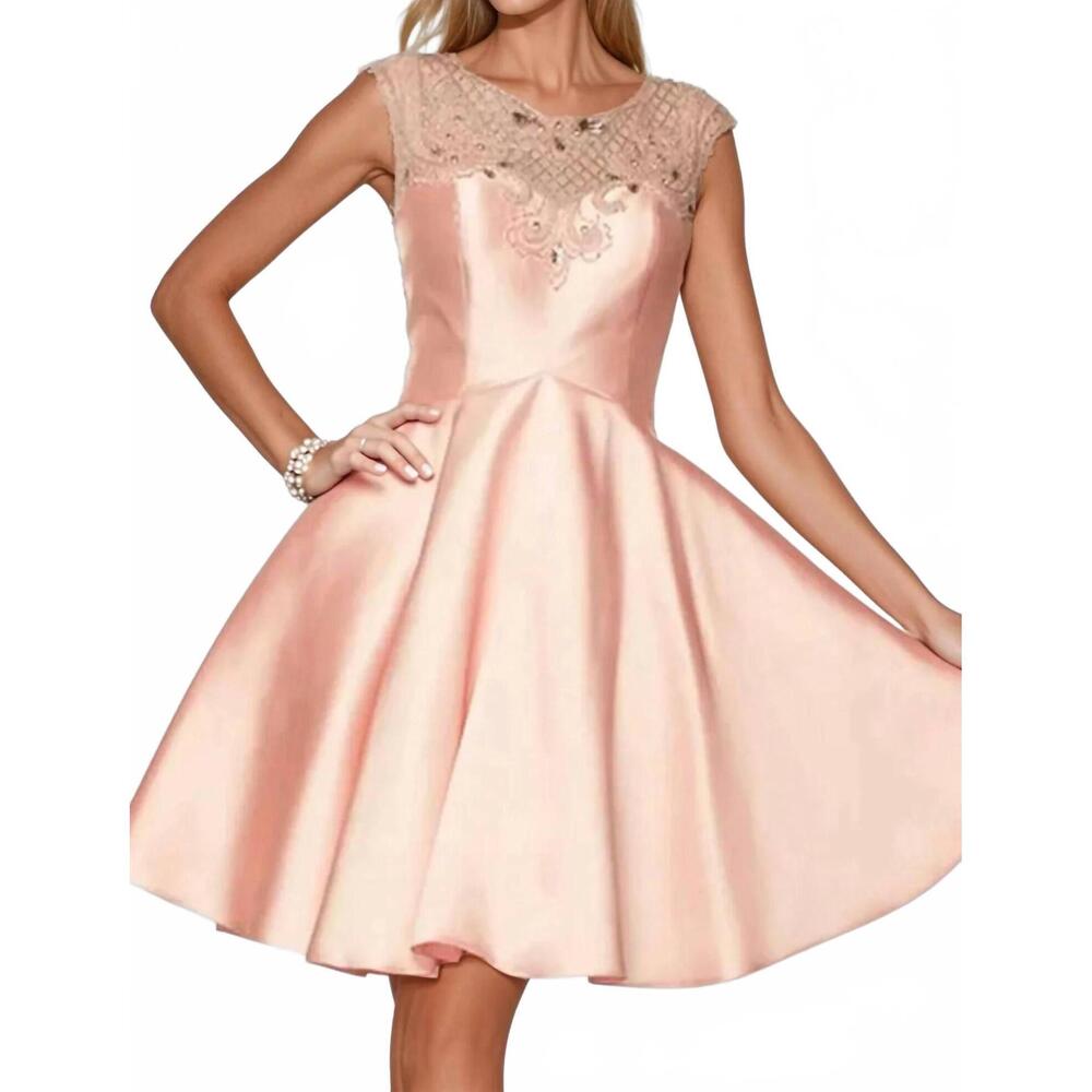 NEW JULIET jewel illusion neck short prom dress in blush